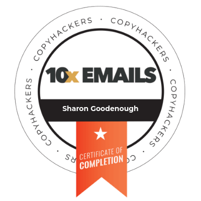 Copyhackers 10X Emails Certificate of Completion badge.
